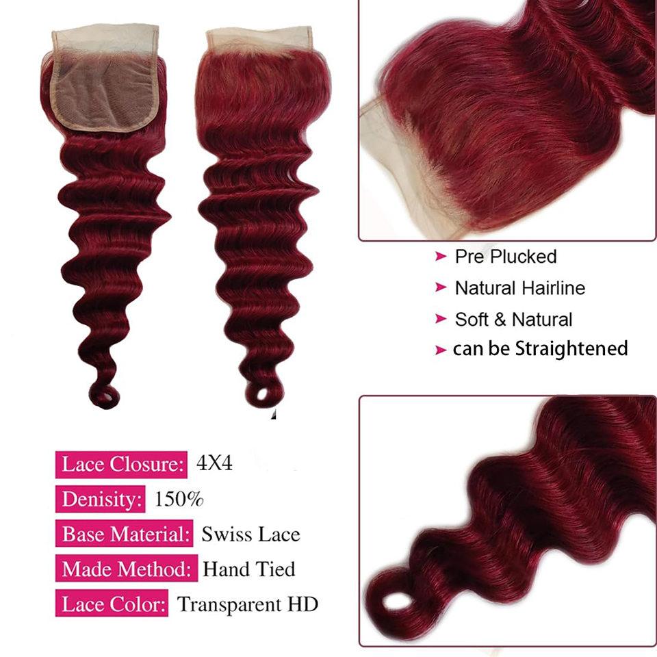 Loose Deep Wave 4X4 Closure 99J Bury Bundles With Closure Reddish Brown Colored Human Hair