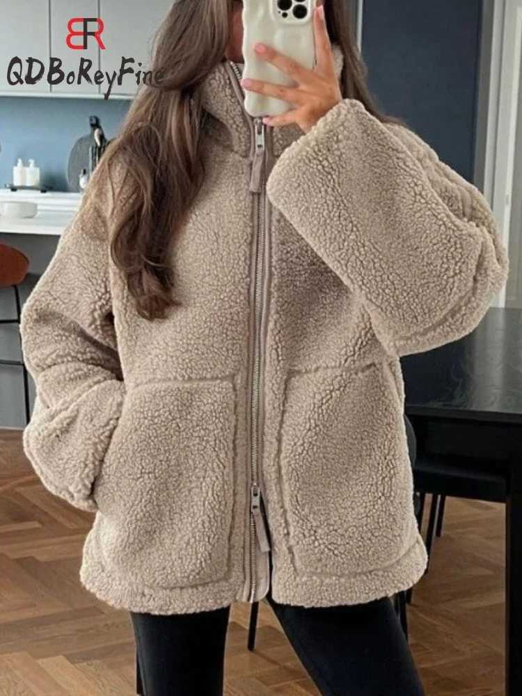 Women Winter Coat Thick Warm Lamb Wool Plush Jacket Casual Oversized Long Sleeve Tops Teddy Fleece Zipper Faux Lamb OvercoatX2410