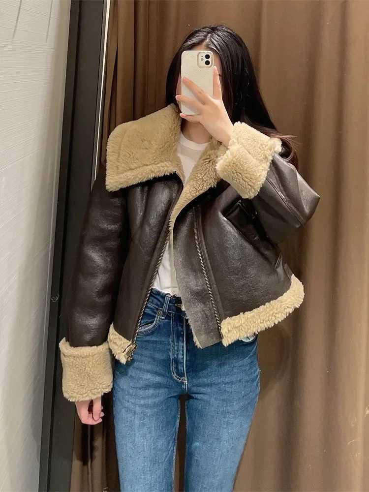 Fashion Fur Coat Women Lamb Wool Lapel Jackets Double-sided Short Women Coat Autumn And Winter Warm Cotton Jacket CoatX241018