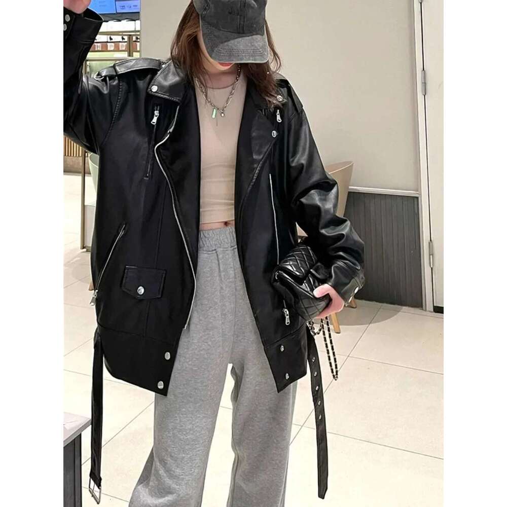 Oversize American Loose Motorcycle Faux Leather Jackets Fashion Black PU Coat Women With Belt Causal Outerwear