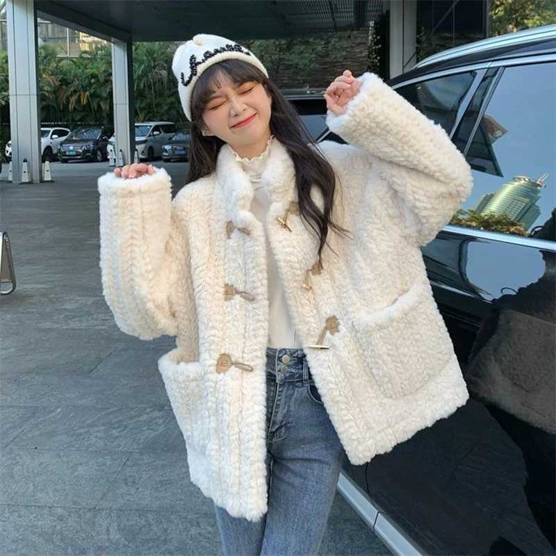 New Lamb Wool Thick Coat Womens Winter 2024 Korean Duffle Top Short Vertical Collar Cardigan Jacket Loose Parkas Casual OutwearX241018