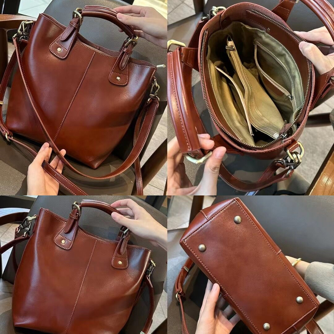 2024 Retro Vegetable Tanned Skin Bucket Tote Green Coffee All-Match Women's Handbag Big Cow Leather Shoulder Bag 2 Straps