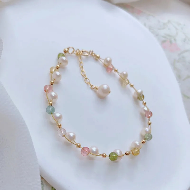 Minar Chic 14K Gold Copper Chain Rainbow Tourmaline Natural Stone Crystal Freshwater Pearl Bead Necklace 241018