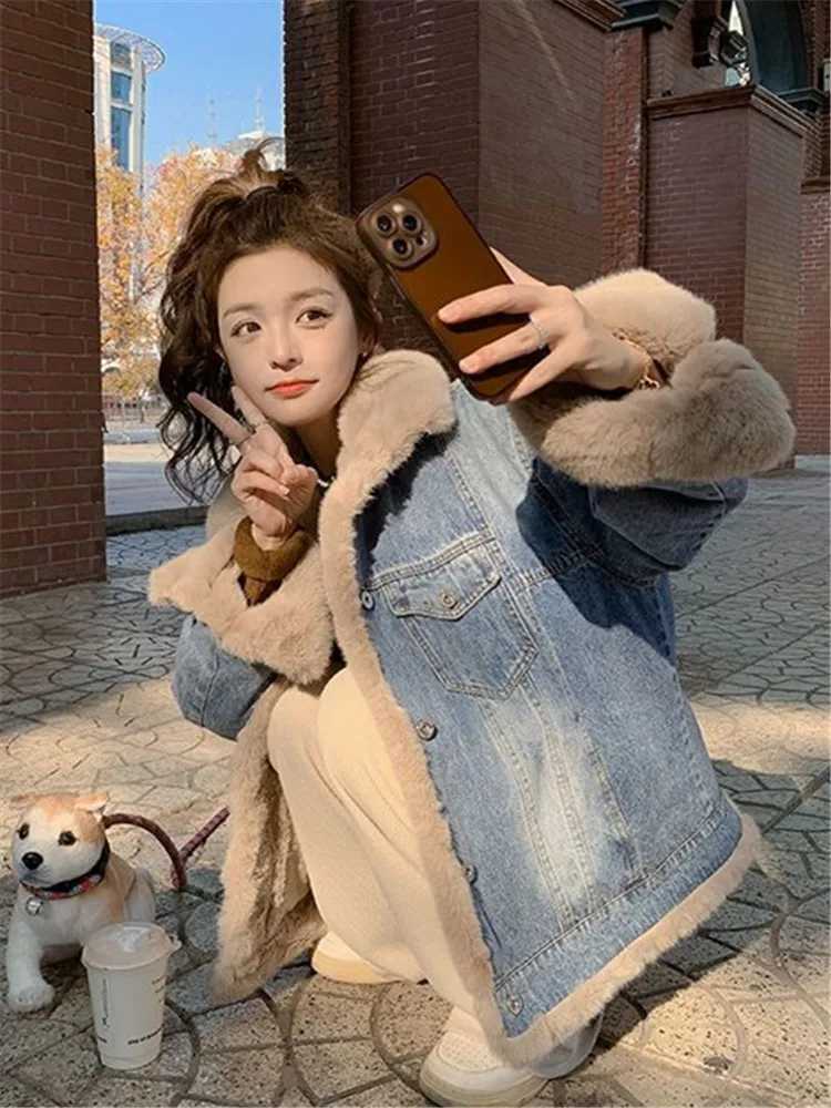Korean Fashion Warm Lambwool Jean Jackets Women 2024 Thicken Plus Velvet Winter Outwear Casual Fleece Lined Oversized Denim CoatX241018