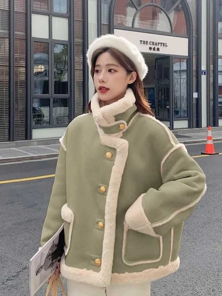 Winter Warm Plush Thicken Casaco Casual Classic Lamb Wool Lined Jacket Overcoat Women Korean Chic Single Breasted New Coat 2023X241018