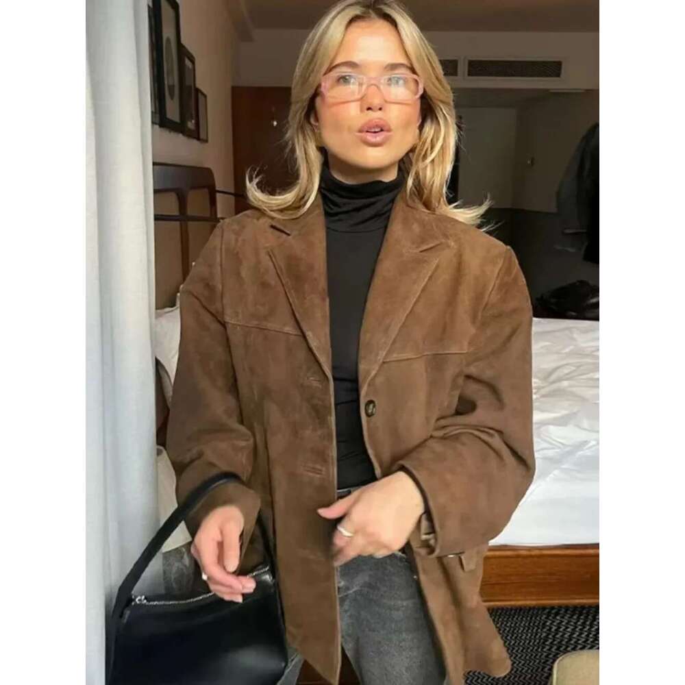 Vintage Solid Women 2024 Fashion Casual Autumn Turn-Down Collar Coats Long Sleeve Single Breasted Female Jacket Loose Lady Coat
