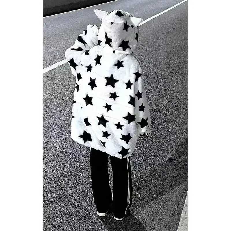 Harajuku Lamb Coat Jackets For Women New American Demon Star Print Velvet Thickened Suede Hoodies Goth Y2k Women ClothingX241018
