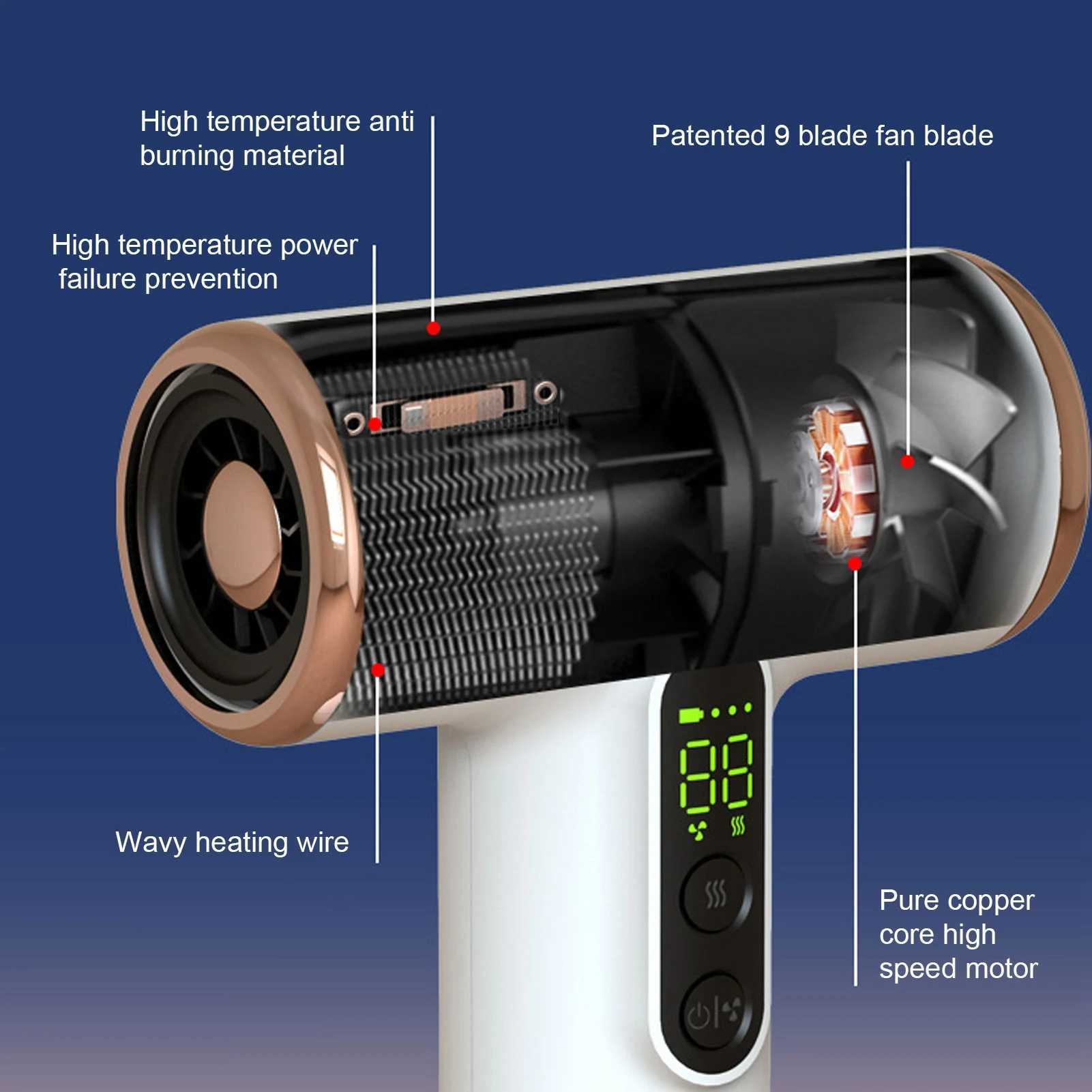 Cordless hair dryer USB charging 15600mAh quick drying portable hair dryer for dormitory travel outdoor cordless hair dryer W241018