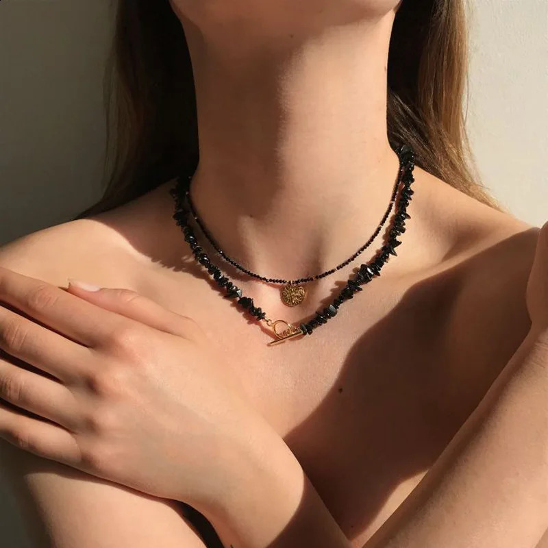 Natural stone black quartz crystal irregular chips bead necklace female facial spinel necklace chain stacked party jewelry 241018