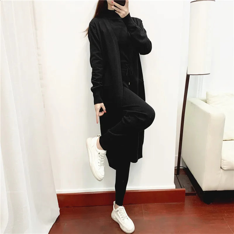 Knitted Pants Sets Women 3 Piece Sets Long Cardigans Autumn Winter Sweater Vest Coffee Fashion Pants Casual Loose Coat 241017
