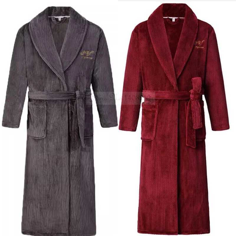 Winter Thick Coral Fleece Robe Men Sleepwear Oversize Long Kimono Bathrobe Gown Warm Flannel Nightwear Loose Homwear LoungewearXJ241018