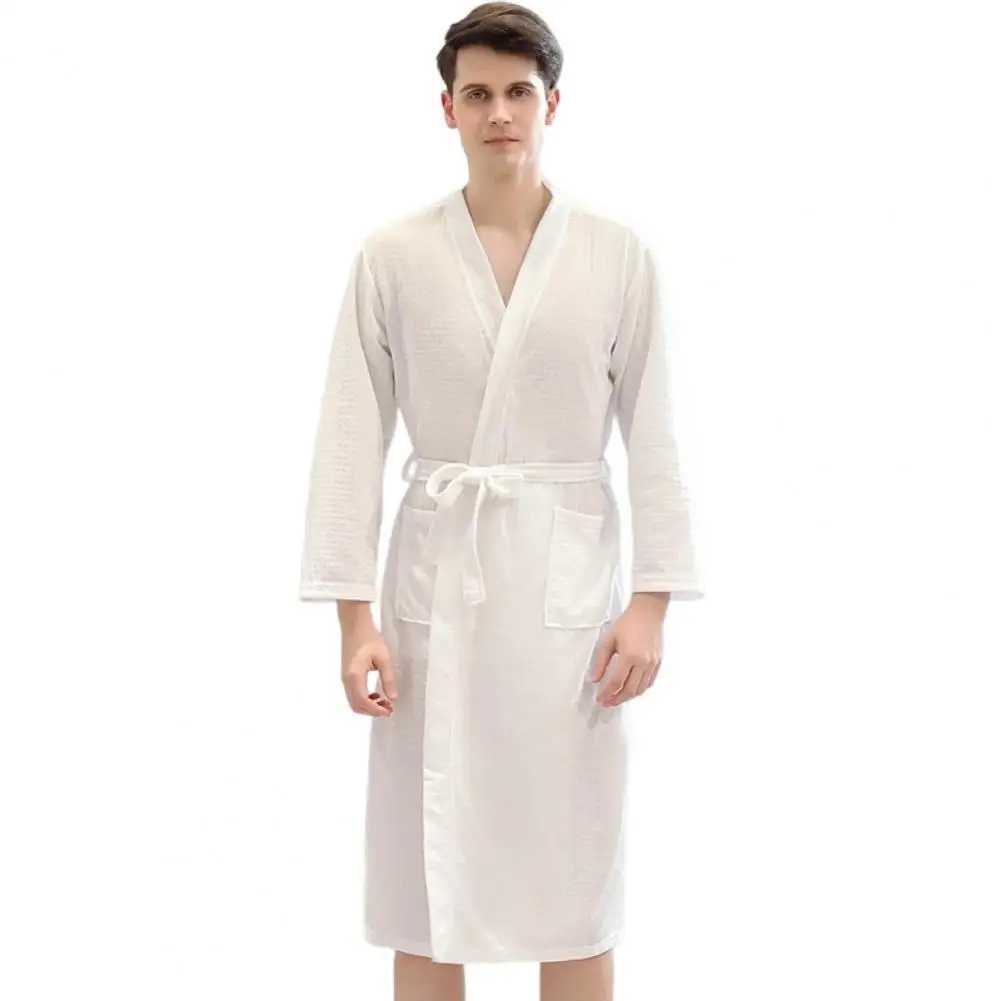 Men Bathrobe Waffle Long Style Solid Color Thin Soft Sleepwear Loose Cardigan Fall Nightgown Plush Shawl Bathrobe Kimono HomeXJ241018