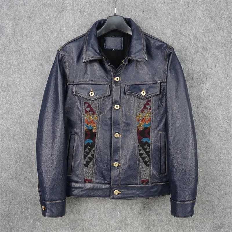 YR Free Delivery. Cuero Super Slim Blue Leather Jacket. Mens Classic Casual Short Young Cowhide Coat. Sales. Fashion Y241018