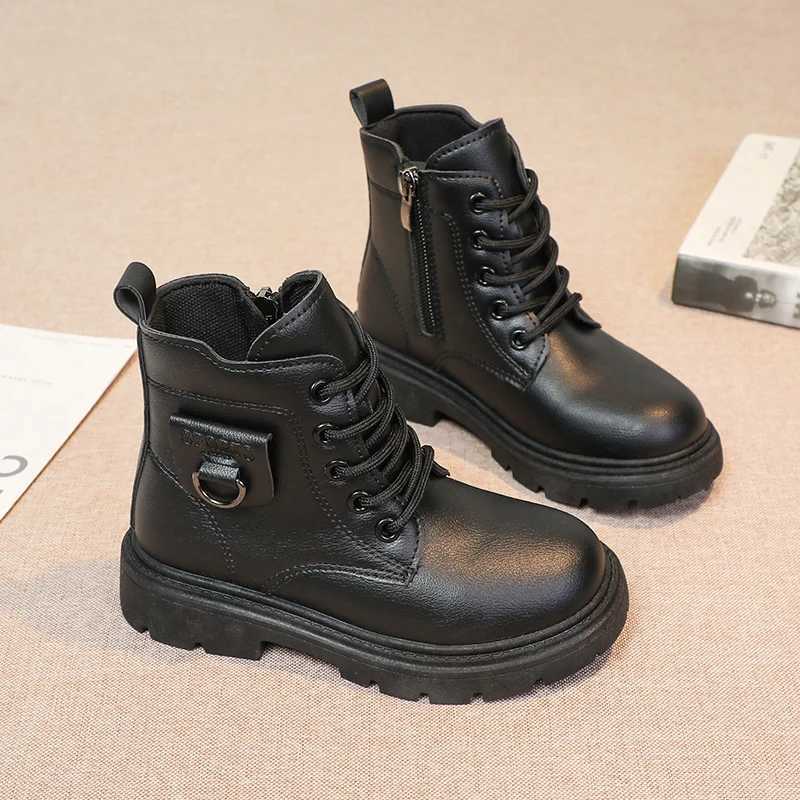 Boots Girls Ankle Boots Kids Fashion Boot Side Zipper with Metal Buckle Fashion Classic Children Rubber Boots Black 2024 Autumn Winter H241018
