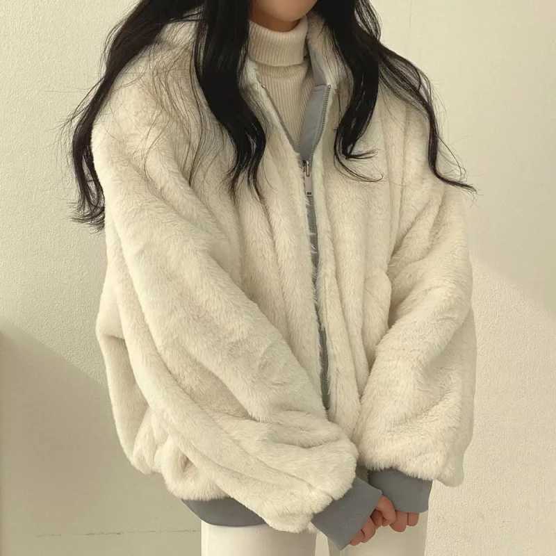 Thickened Two-Sided Wear Lambswool Cotton Jacket South Korea Plus Down WomenS Jacket Winter New Zipper Hooded Cotton Jacket Y2kX2410