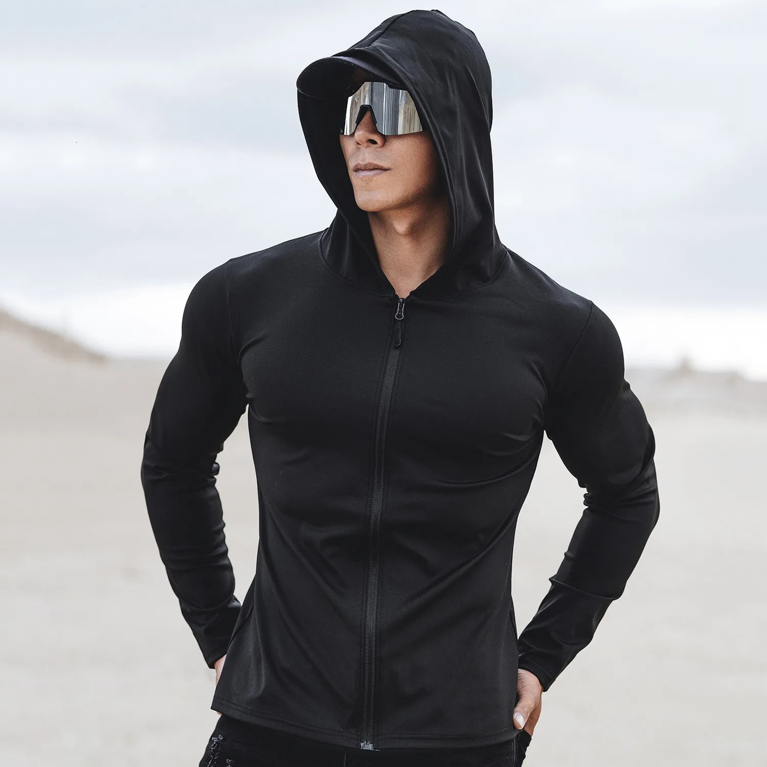 Spring and Autumn Mens Sports Casual Running Exercise Gym Training Black Thin Hooded Zipper Long Sleeve Sweater 241018