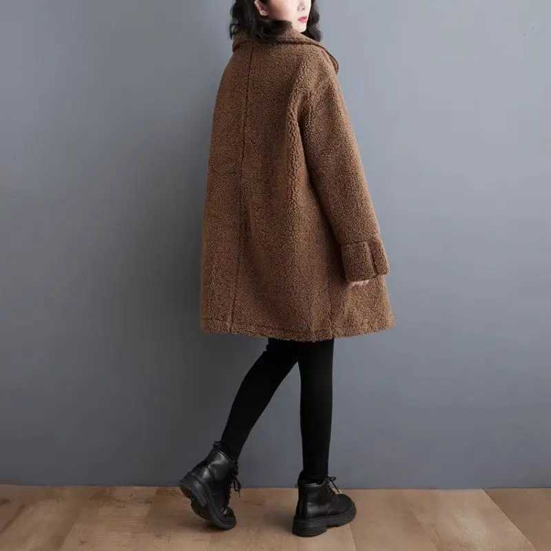 Large Size Womens Plush Jacket 2023 Autumn/Winter New Lapel Collar Lamb Wool Coat Cardigan Warm Medium Length Overcoat Z3997X241018