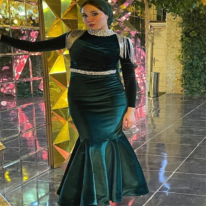 Maxi Green Turkey Evening Dresses Crystal Tassel Memaid Midi Prom Dress 2025 Elegant Velvet Birthday Gown vestidos Fiesta Vintage Formal Arabic Robe D