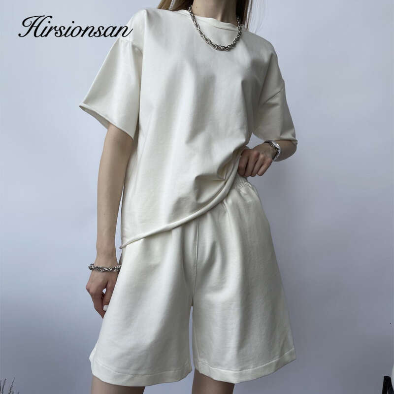 Hirsionsan Soft Cotton Sets Women 2021 New Casual Two Pieces Short Sleeve T Shirts And High Waist Shorts Solid Outfits Tracuit