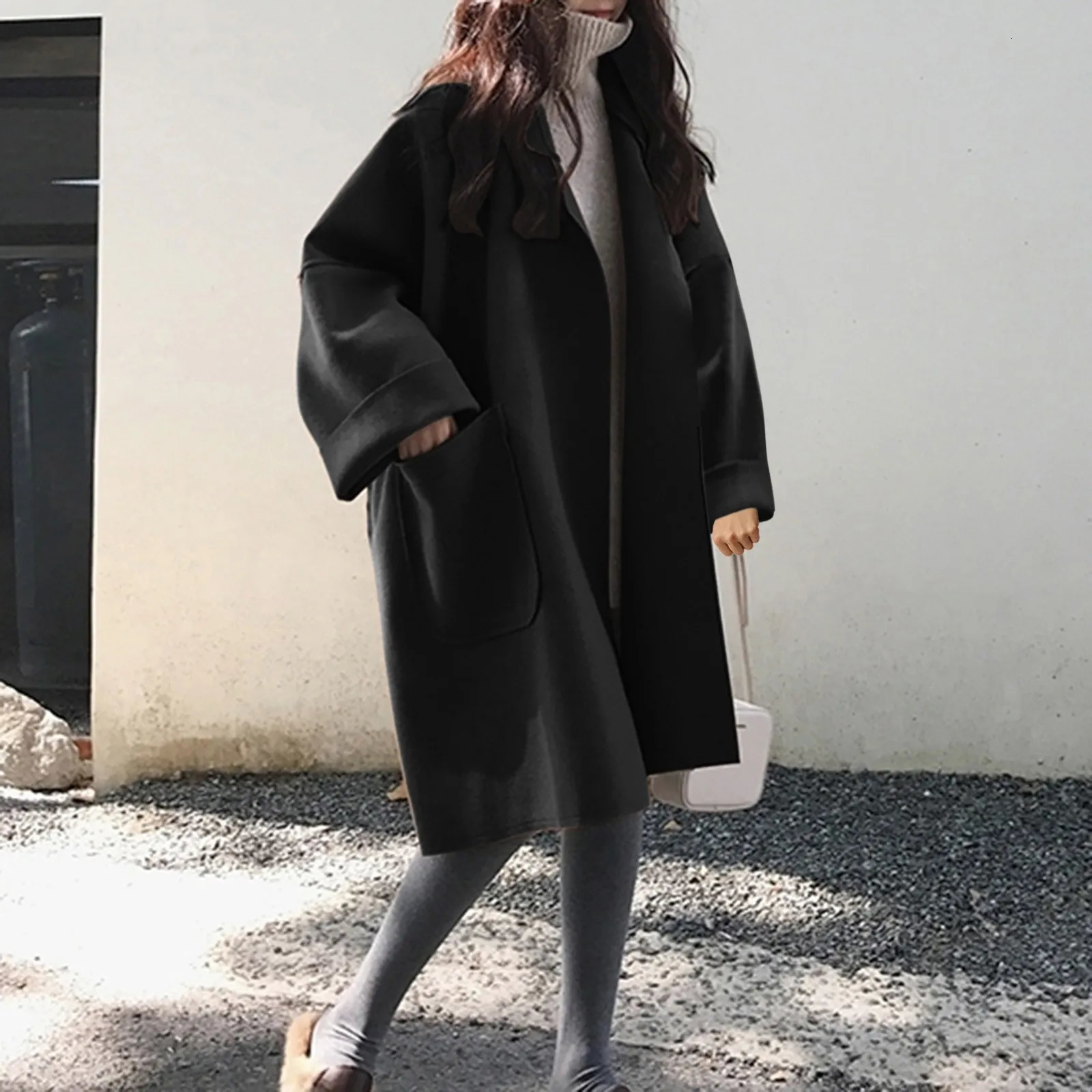 Womens Long Sleeve V Neck Faux Wool Blends Thin Jacket Coat Loose Warm Solid Overcoat Women Hiking Winter Jackets 241018