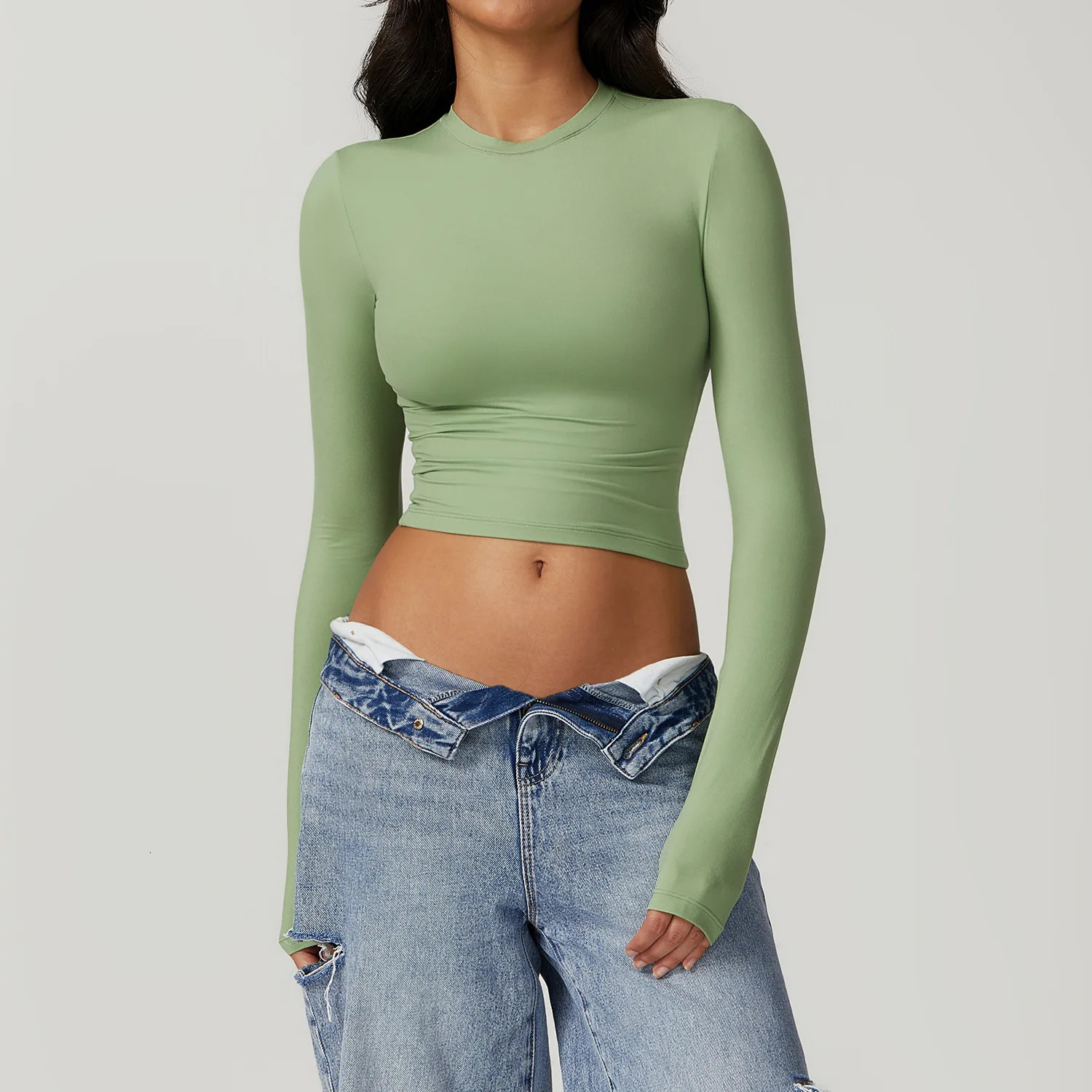 Women Yoga Tshirts Solid Sports Top Long Sleeve Running Shirts Sexy Exposed Navel Quick Dry Fitness Gym Workout Tops 241018