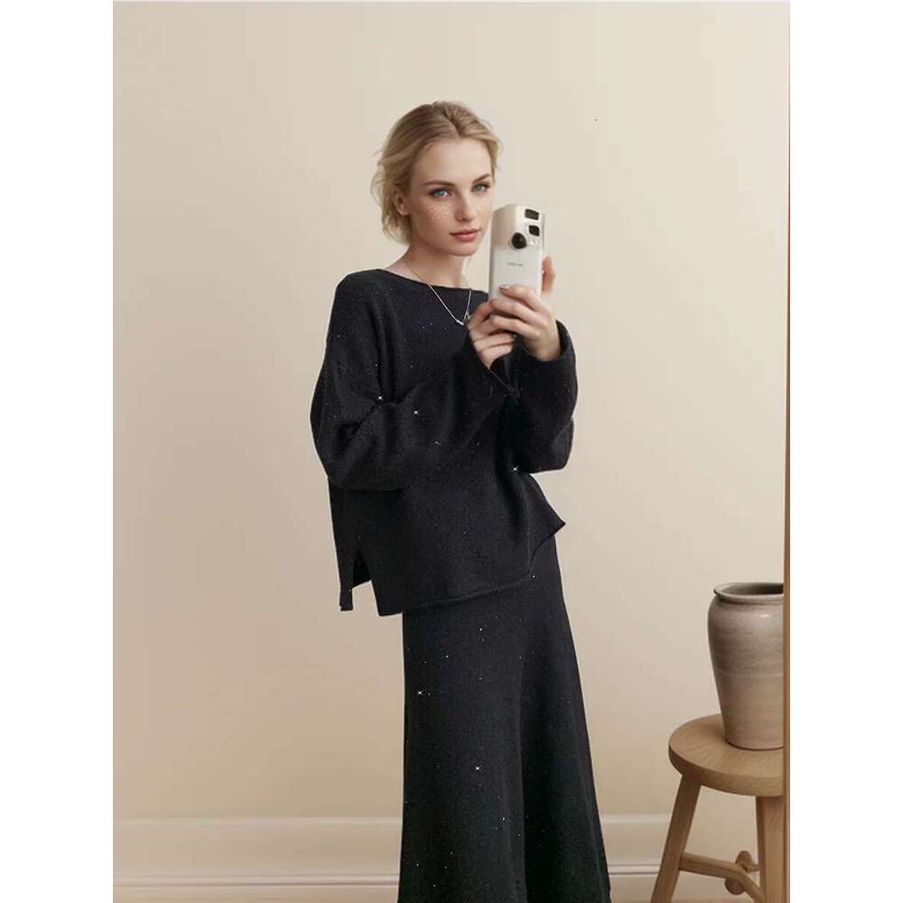 Hirsionsan Sexy Soft Elegant Vintage Women Suits 2 Pieces Female Sets Slash Neck Sweater & Midi Dress Bg Knitted Tracuit