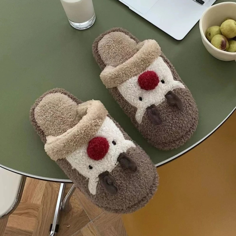 Winter cute cartoon deer slider womens indoor floor fur quiet sandals couple Christmas plush slider girl casual warm slider241018bj
