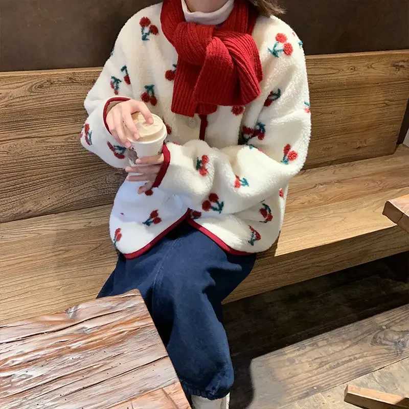 2024 New Sweet Cherry Print Lamb Wool Coat Women Autumn Winter New Loose Cotton Jacket Female Chic All-matching O Neck OutwearX241018
