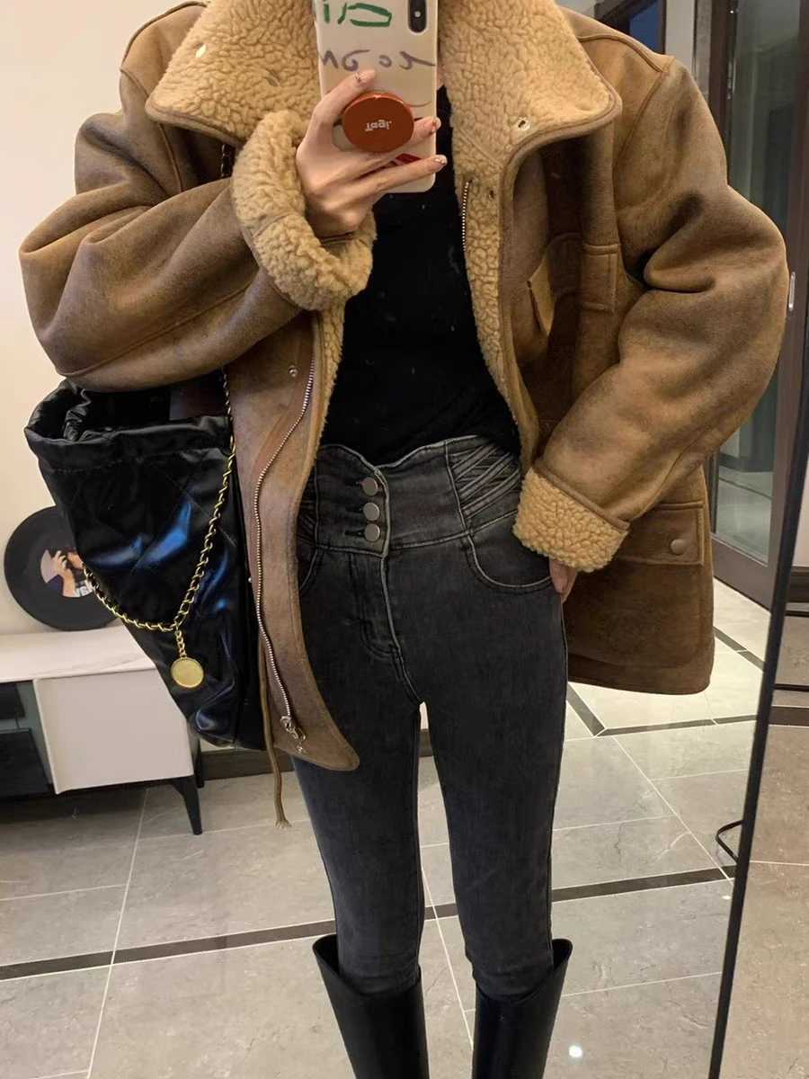 Womens Reversible Lamb Fleece Motorcycle Coat American Winter Coat Retro Versatile Loose and Worn ThickenedX241018