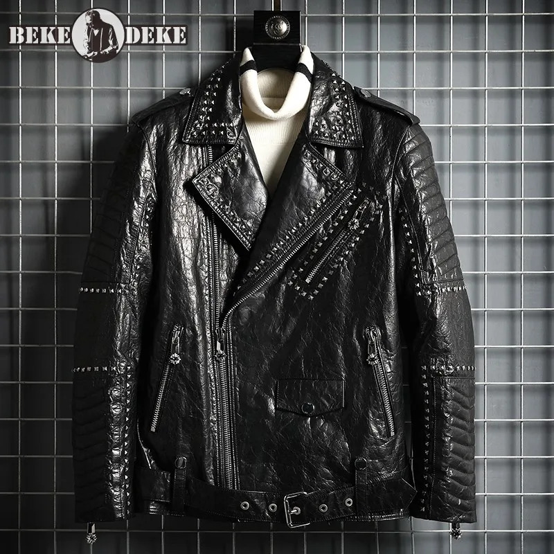 Punk Style Outerwear Rivets Zipper Motorcycle Biker Jacket Men TurnDown Collar Genuine Leather Cowhide Coat Mens Short Jackets 241018