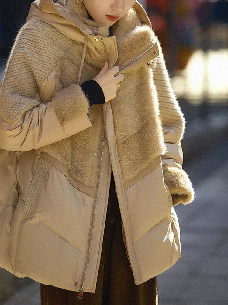 Winter Hooded Parker Female Loose Down Jacket Women Knitting Patchwork Warm Coat Cotton Padded Outerwear 241018