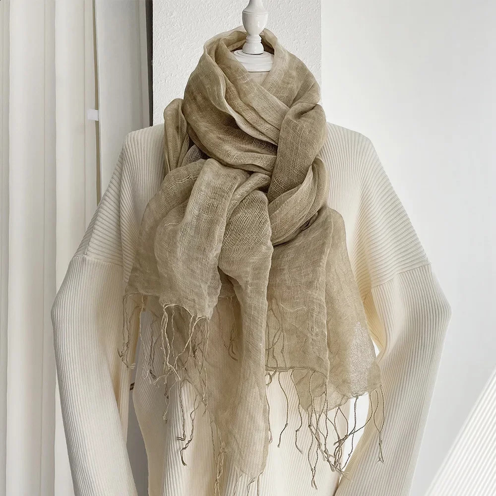 Summer Sunscreen Linen Scarf Womens Solid Tassel Shawl Art Forest Japanese and Korean Linen 241017