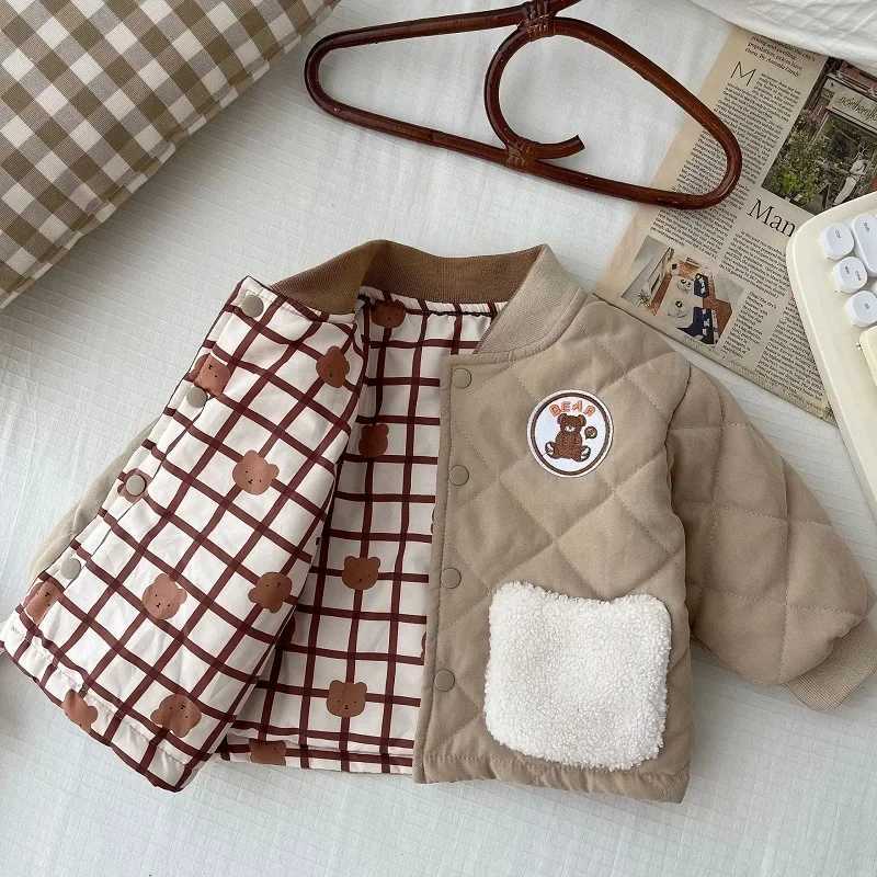 New Winter Childrens Boys Coat 0-6 Years Old Long Sleeve Single Chest Double sided Wearing Cartoon Bear Warm Jacket Coat M241018