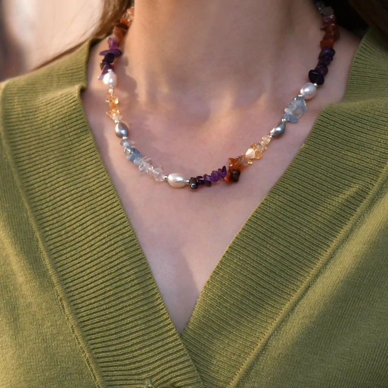 ASHIQI Natural Freshwater Baroque Pearl Necklace with Irregular Colored Crystal Stone Jewelry Suitable for Womens Gifts 241018