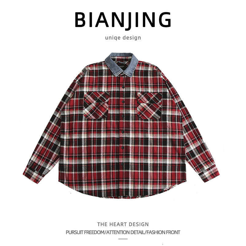 shanshi Men's shirts American high street denim collar checked shirt men's spring and autumn loose casual versatile couple long sleeved stud