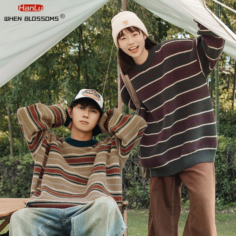 Korean Fashion Vintage Striped Knit Sweater Men Women Pullover Couple knitted Coat Autumn Winter Loose Soft Warm Top streetwear 241018
