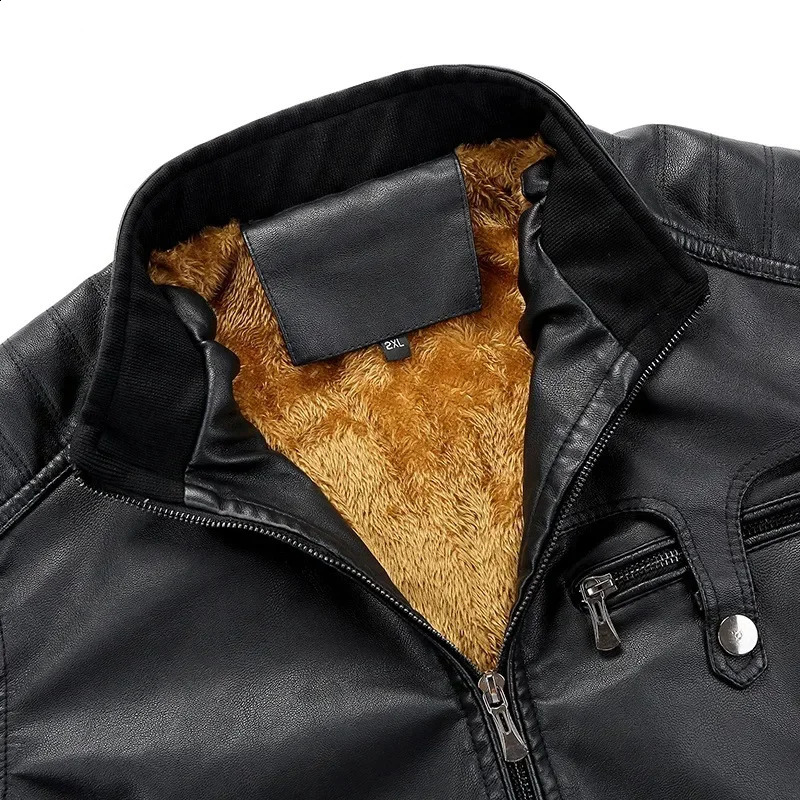 Mens PU artificial casual winter leather jacket black brown classic retro with velvet thick warm suede coat 241007