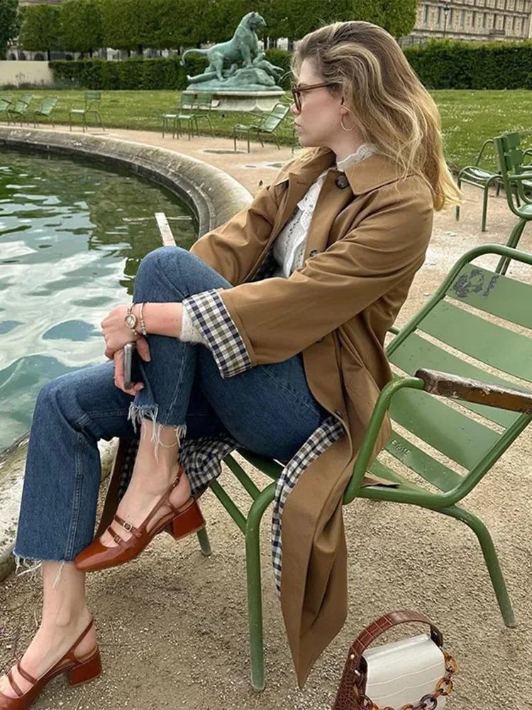 Autumn Pockets Long Trench Coat For Women Turn Down Collar Single Breasted Windbreak Jacket Female Elegant Street Chic Outerwear 241017