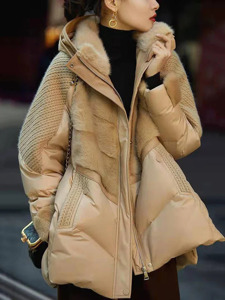 Winter Hooded Parker Female Loose Down Jacket Women Knitting Patchwork Warm Coat Cotton Padded Outerwear 241018