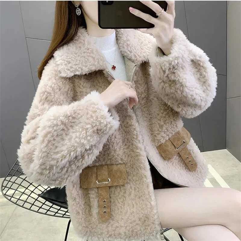 Korean Women Fashion Short Zipper Coat High-grade Ladies Solid Color Lamb Wool Outwear Autumn Winter Female Long Sleeves JacketX241018