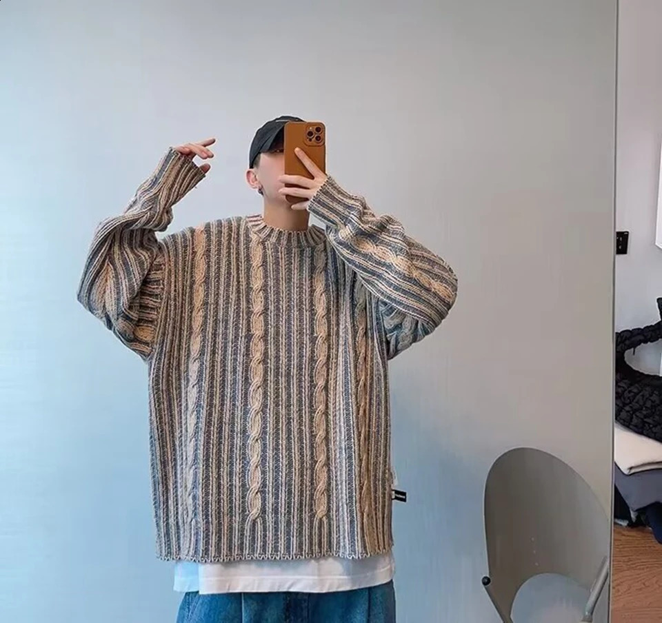 Y2K striped mens crochet sweater long sleeved knitted T-shirt Korean fashion streetwear pull-out patch staff knitted sweater 241018