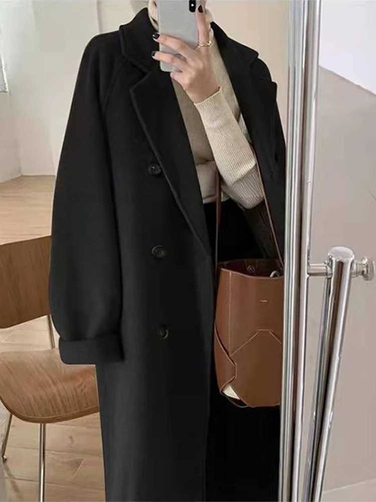 Women Loose Thicken Tweed Overcoat 2023 New Autumn Winter lace up Simple Fashion Solid 2 Sets Jacket Female Oversize Casual CoatX241009