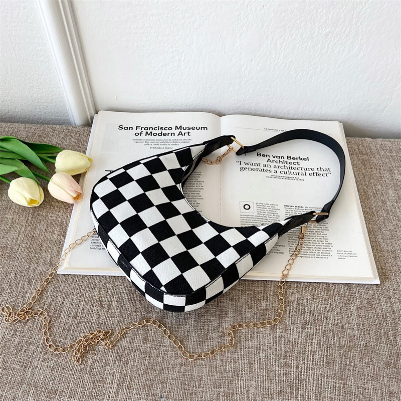 Fashion Women Fashion Bag Vintage Checkerboard Baguette Armpit Crescent Bag