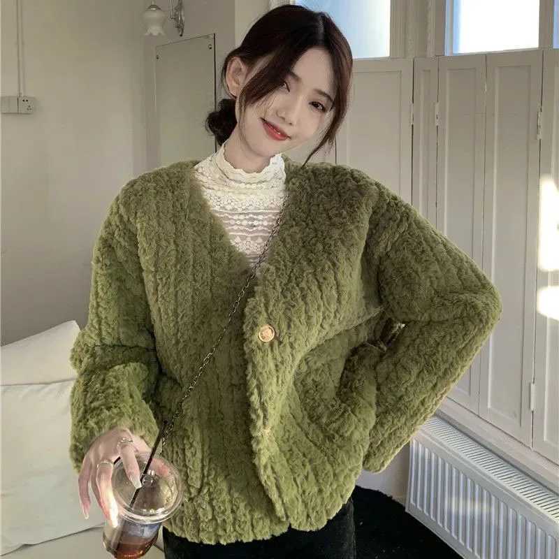 Zoki Women Lamb Wool Jackets Autumn Winter Thick Warm Faux Fur Button Outerwear Korean Loose Elegant V Neck Furry Short CoatX241018