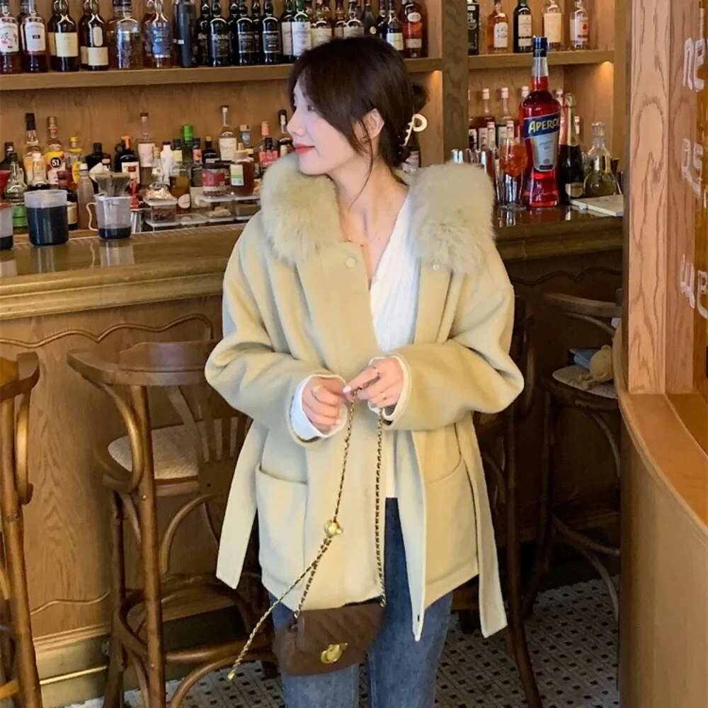 Real Fox Woolen Coat Female 2024Winter New Women Loose Temperament Large Size Thickened Parkas Big Fur Collar Hooded Outwear