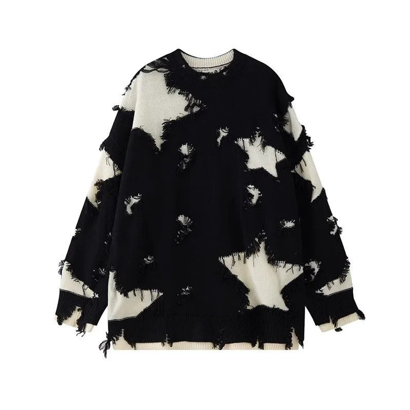 American Fashion Joker Star Hole Sweater Raw Edge broken wind Y2K Vintage Heavy Casual Pullover Men And Women 241018