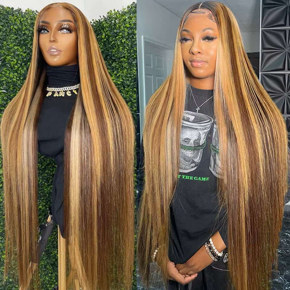 32 36 Inches 13x4 13x6 Straight Highlight Lace Front Human Hair Wig 4/27 Ombre Honey Blonde Colored Wigs For Women 200%
