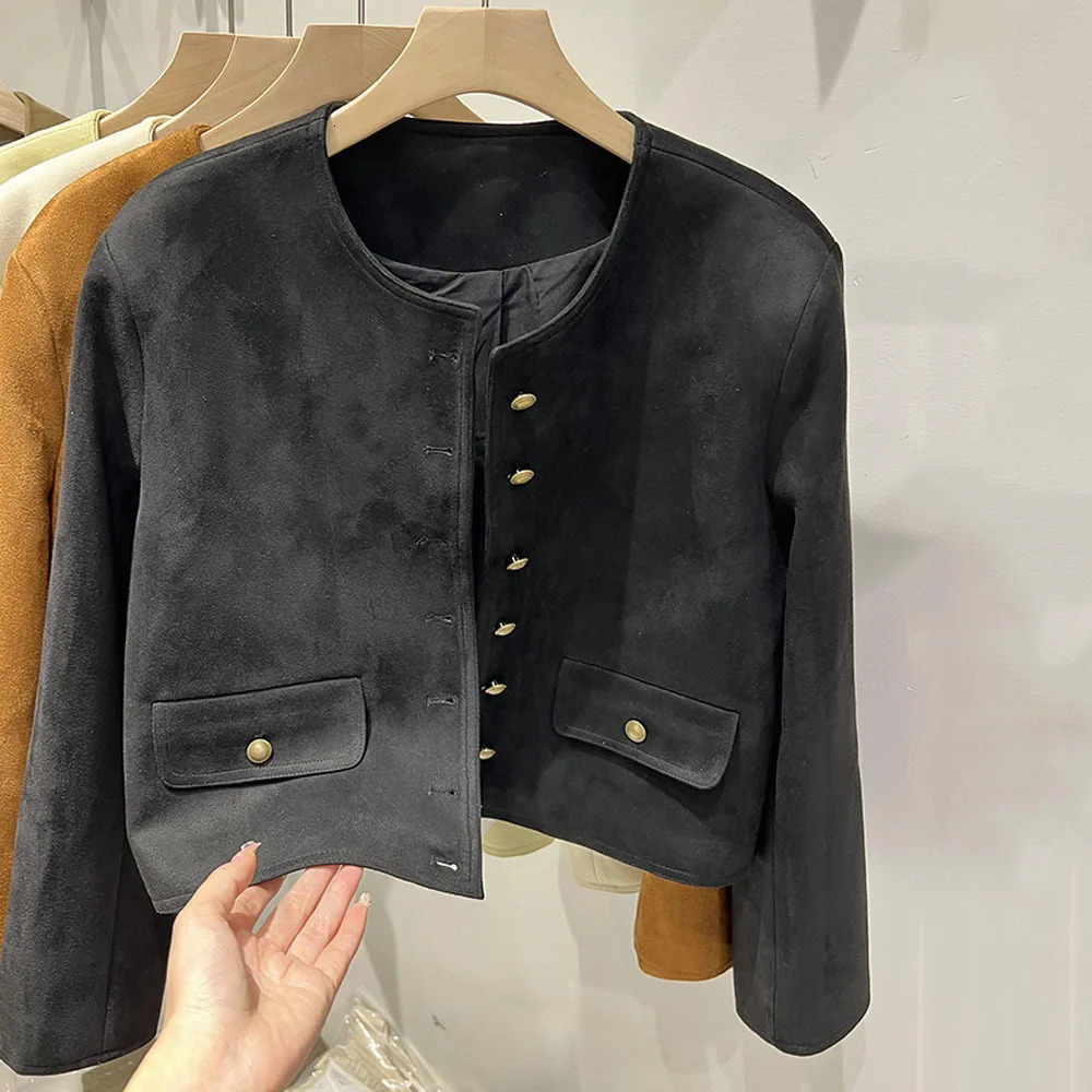 Spring Jacket Ladies French Small Fragrant Wind Suede Short Coat Womens Round Neck Solid Color Casual Tops Autumn Outwear 241018