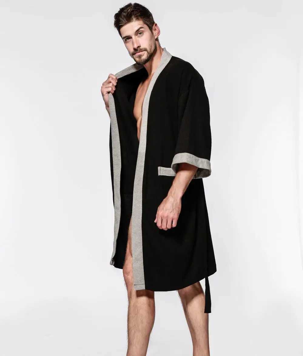 Cotton Waffle Men Kimono Bathrobe Gown Sleepwear Couple Black Robe Nightwear Loose Casual Sauna Yukata Spring Summer Home WearXJ241018