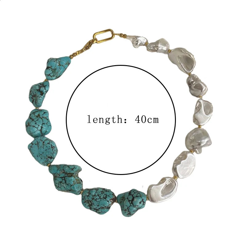 Irregular natural blue turquoise and shell bead necklace Bohemian handmade jewelry 241018